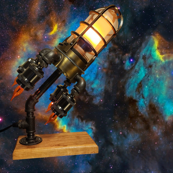 Steampunk Rocket Lamp  - Cherry Wood Base - Steampunk - Unique Gift Idea
