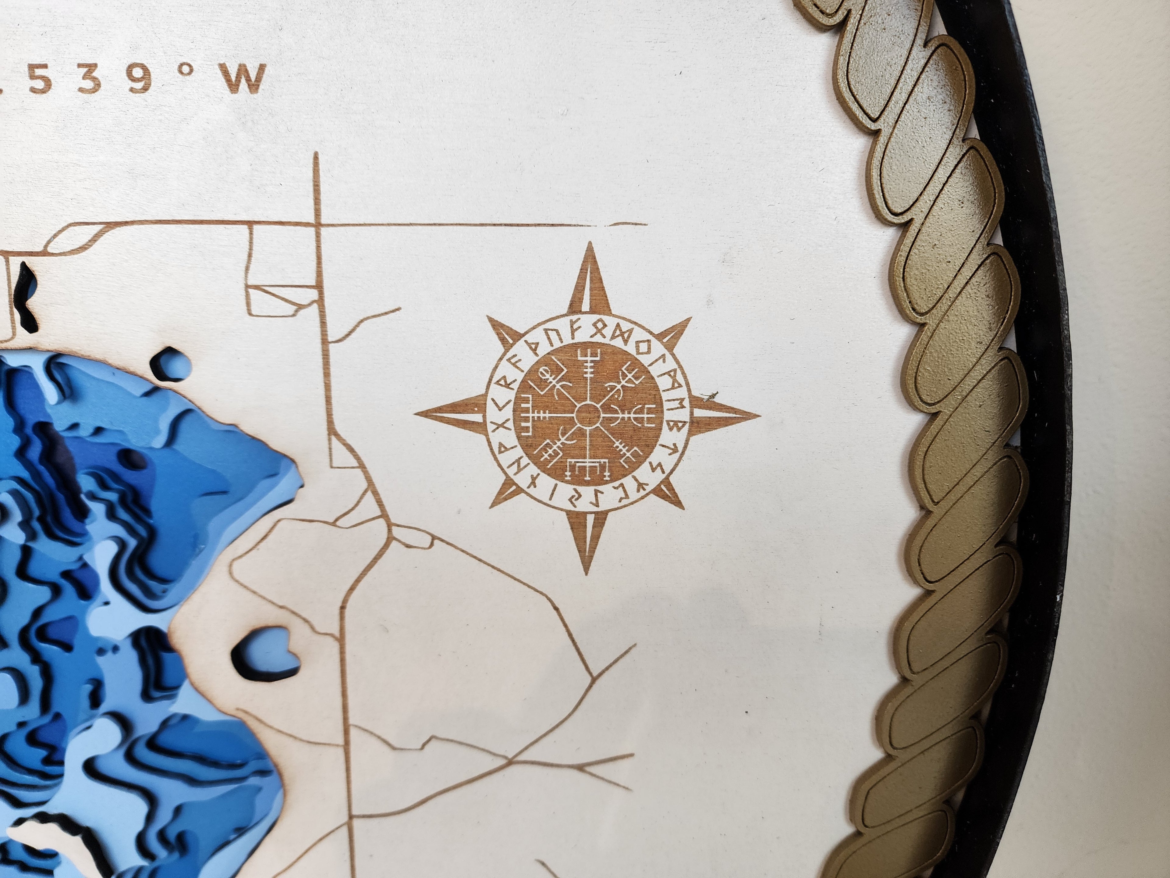 Cass Lake MN Round Bathymetric Lake Map Laser-Cut Baltic Birch with Whiskey Barrel Ring Frame