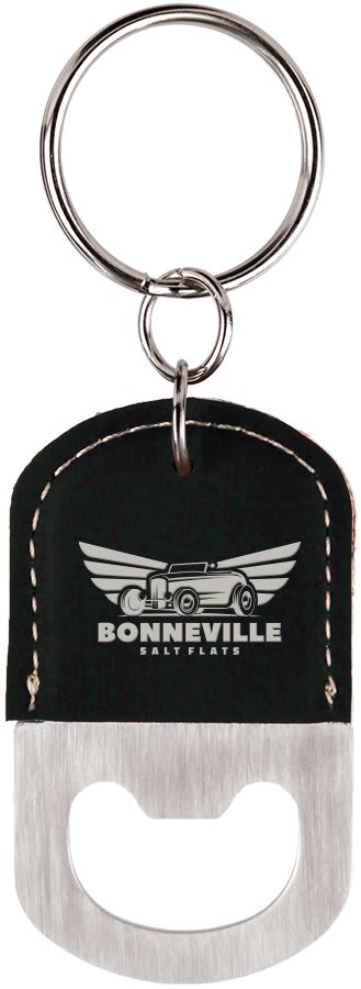 Rectangle Black/Silver Laserable Leatherette Bottle Opener Keychain