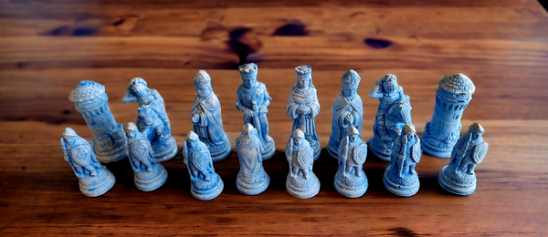 Backlit Black Walnut & Deep Blue Epoxy Chess Board w/ Ash Case – Medieval Set
