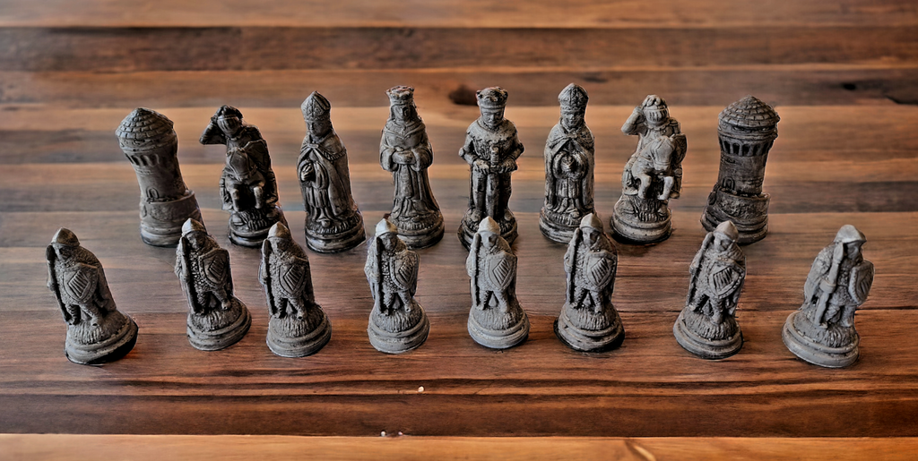 Backlit Black Walnut & Deep Blue Epoxy Chess Board w/ Ash Case – Medieval Set