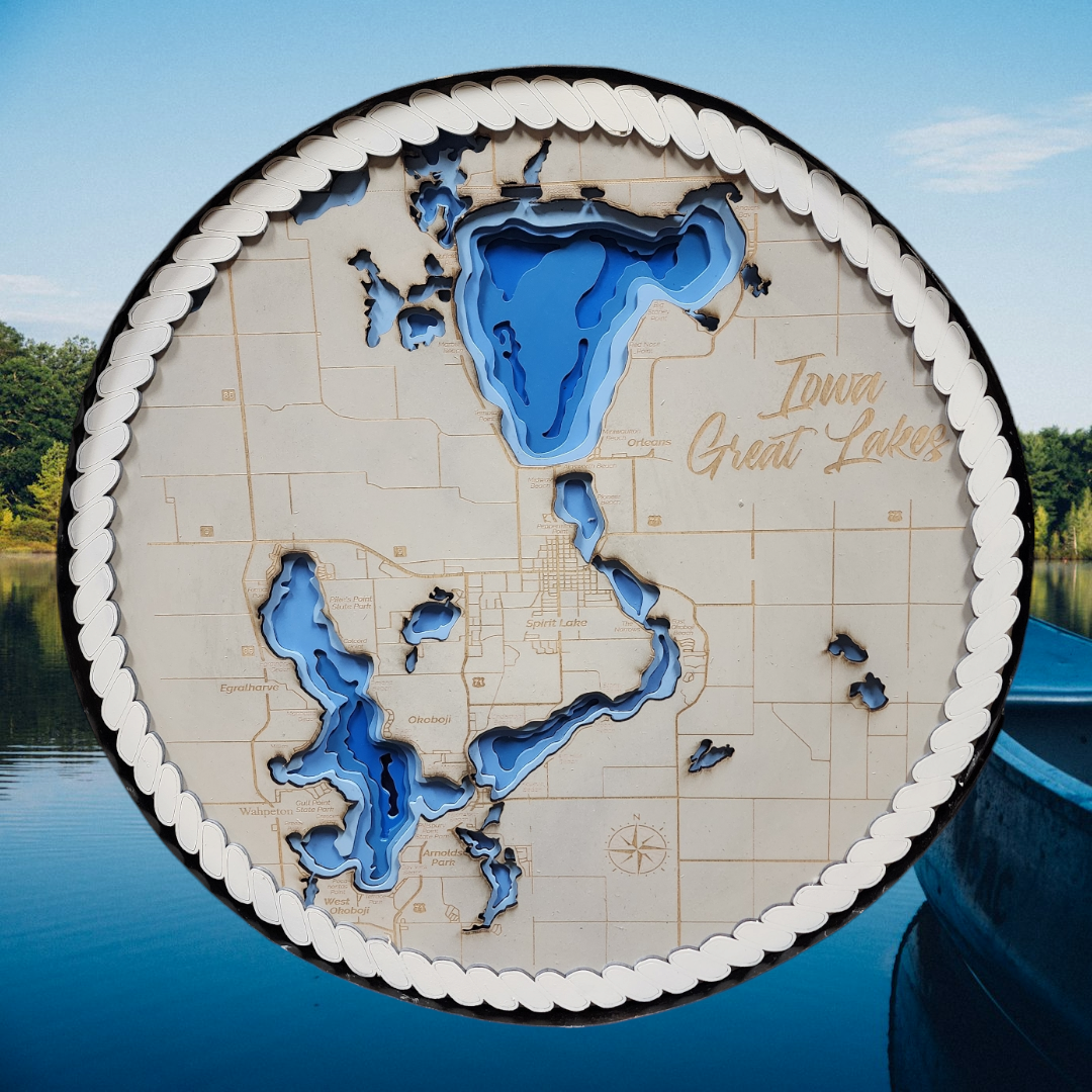 Iowa Great Lakes Round Layered Map 21 inches