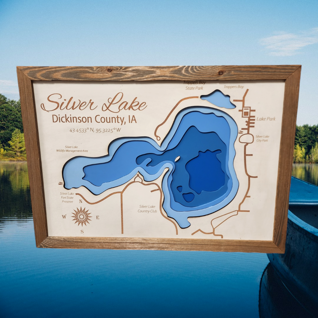 Silver Lake 3D Laser Cut Bathymetric Lake Map 21x15 - Gift - Silver Lake, Iowa Decor