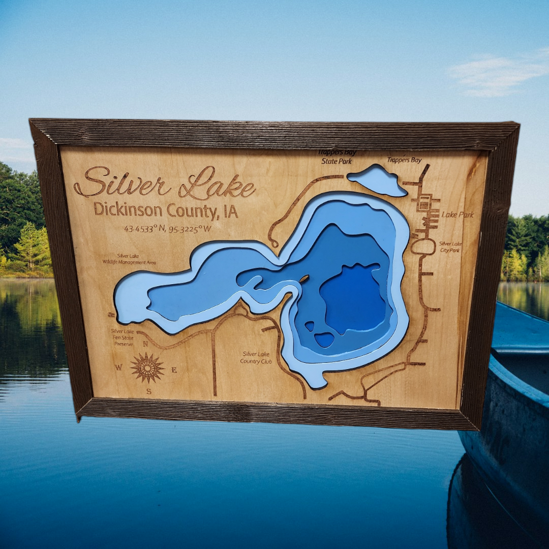 Silver Lake 3D Laser Cut Bathymetric Lake Map 21x15 - Gift - Silver Lake, Iowa Decor
