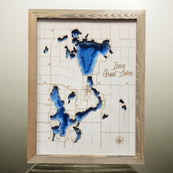 Okoboji Contour Map Iowa Great Lakes Depth Map Natural Wood Big Spirit Lake Iowa Map of Dickinson County- Medium