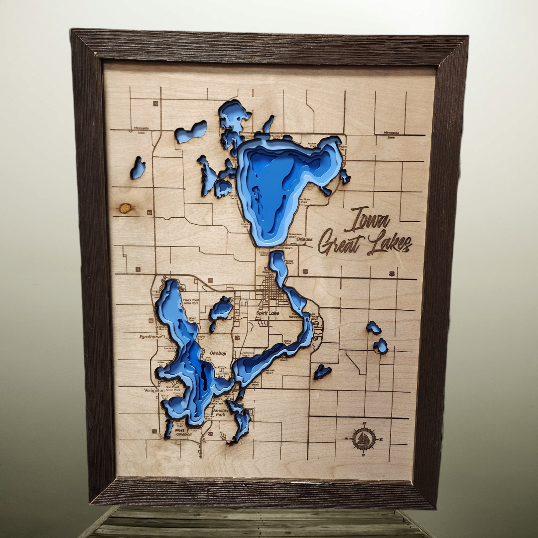 Okoboji Iowa Great Lakes Contour Bathymetric Depth Map Natural Wood Big Spirit Lake Iowa Map of Dickinson County- Small
