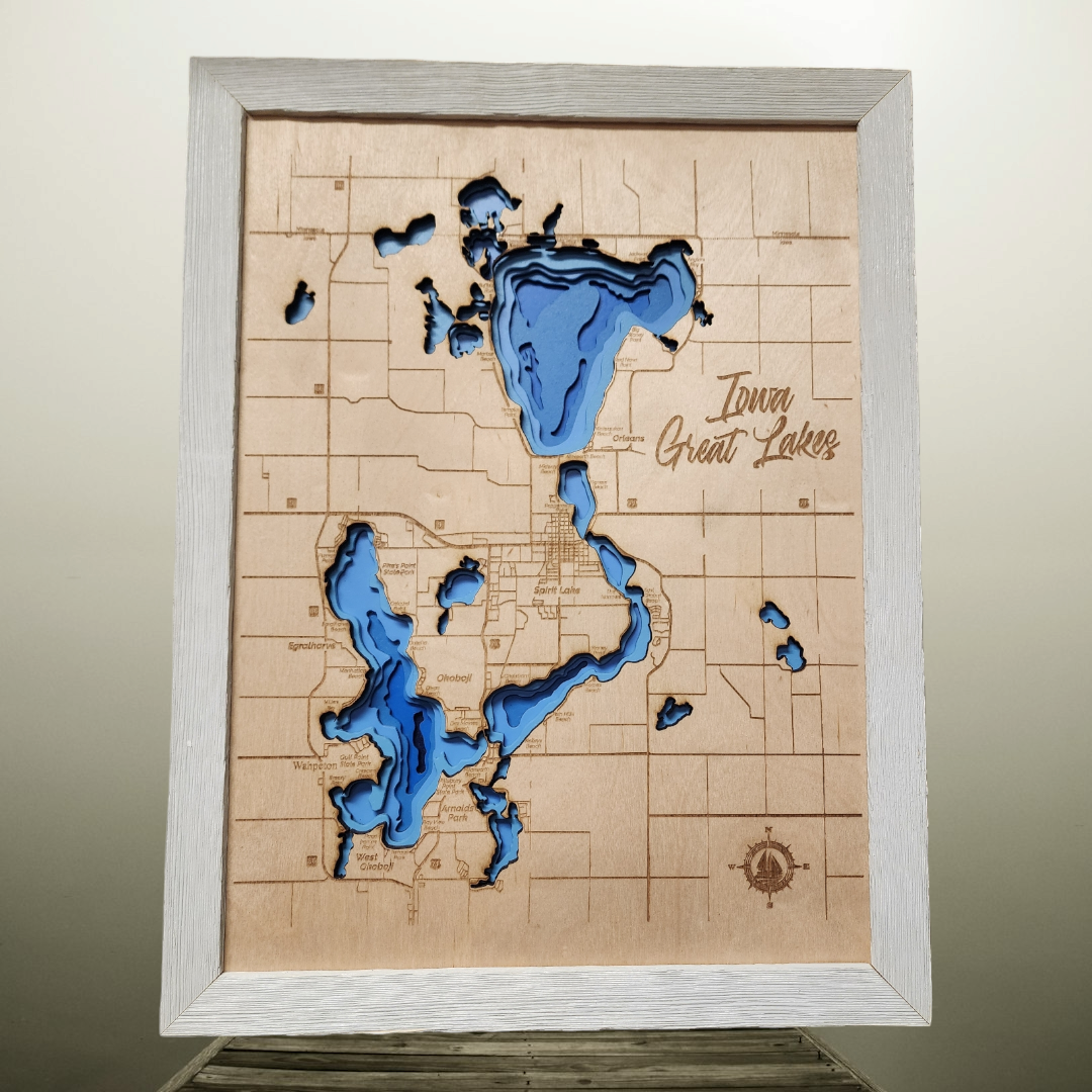 Okoboji Iowa Great Lakes Contour Bathymetric Depth Map Natural Wood Big Spirit Lake Iowa Map of Dickinson County- Small