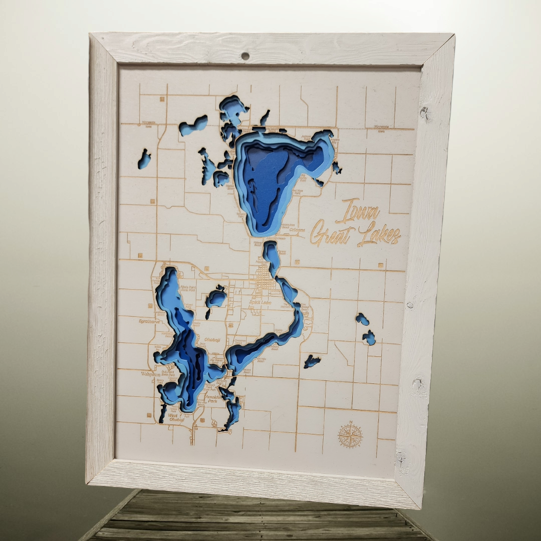 Okoboji Iowa Great Lakes Contour Bathymetric Depth Map Natural Wood Big Spirit Lake Iowa Map of Dickinson County- Small
