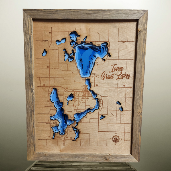 Okoboji Contour Map Iowa Great Lakes Depth Map Natural Wood Big Spirit Lake Iowa Map of Dickinson County- Medium