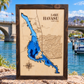 Lake Havasu layered bathymetric wood map — Natural Baltic Birch / Charwood (Dark Brown), London Bridge Arizona background (digital mockup)