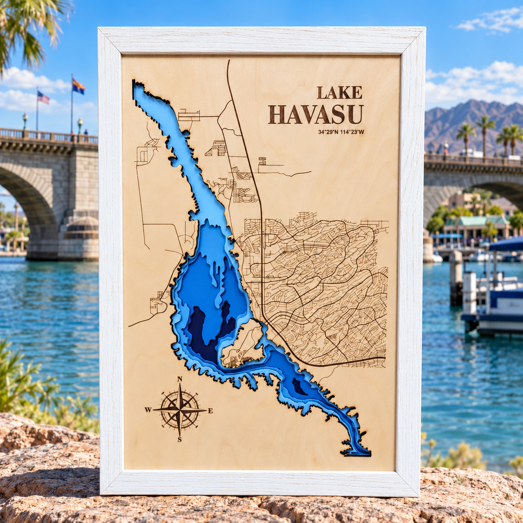 Lake Havasu layered bathymetric wood map — Natural Baltic Birch / Coastal White, London Bridge Arizona background (digital mockup)