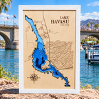 Lake Havasu layered bathymetric wood map — Natural Baltic Birch / Coastal White, London Bridge Arizona background (digital mockup)