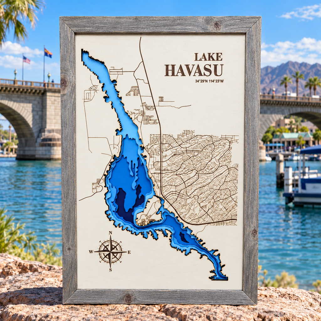 Lake Havasu layered bathymetric wood map — Painted Baltic Birch / Barnwood (Rustic Grey), London Bridge Arizona background (digital mockup)