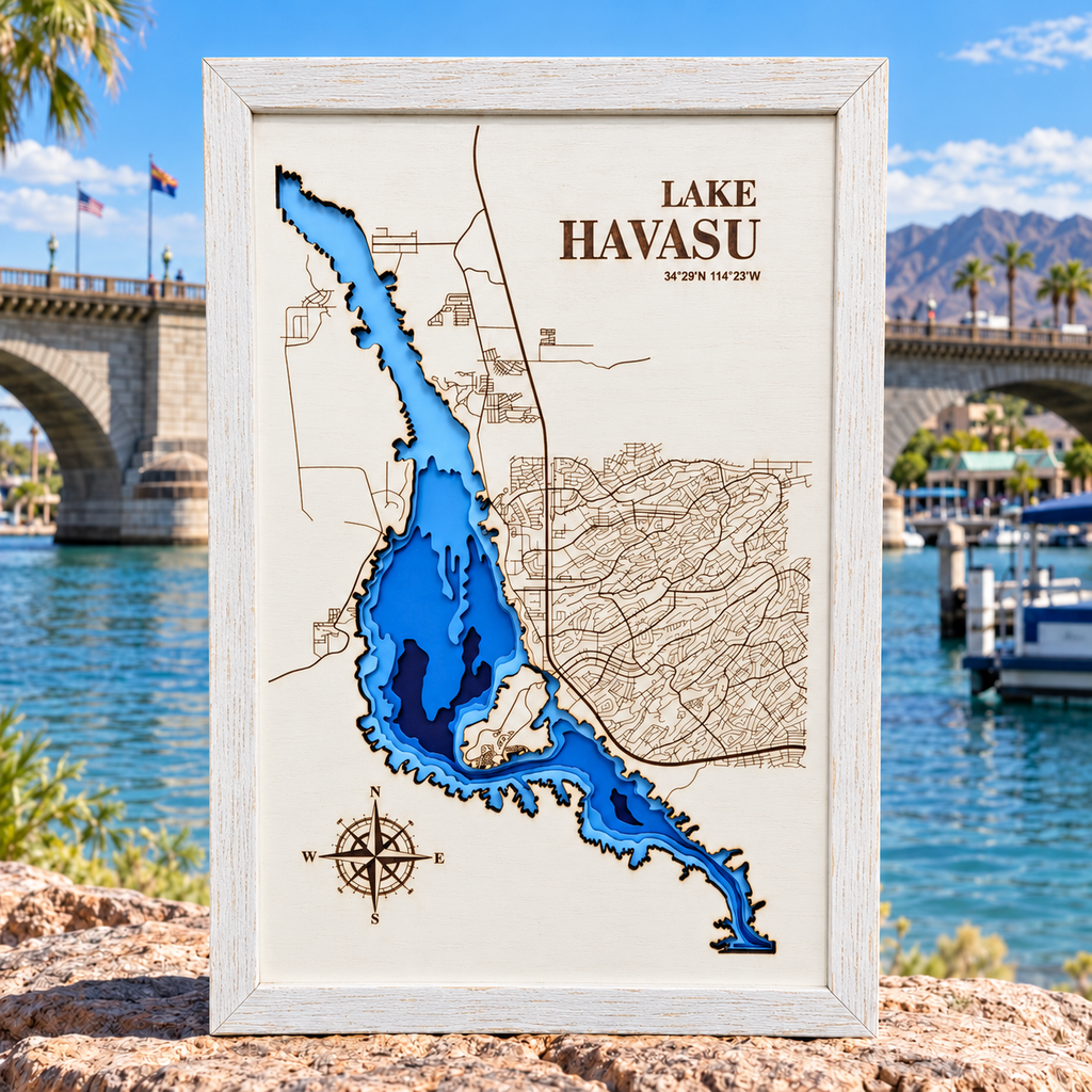 Lake Havasu layered bathymetric wood map — Painted Baltic Birch / Coastal White, London Bridge Arizona background (digital mockup)