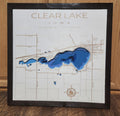 Clear Lake layered bathymetric wood map, framed product photo (Iowa)