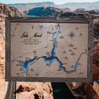 Lake Mead layered bathymetric wood map — Natural Baltic Birch, Barnwood (Rustic Grey), Hoover Dam scenic background (digital product mockup)