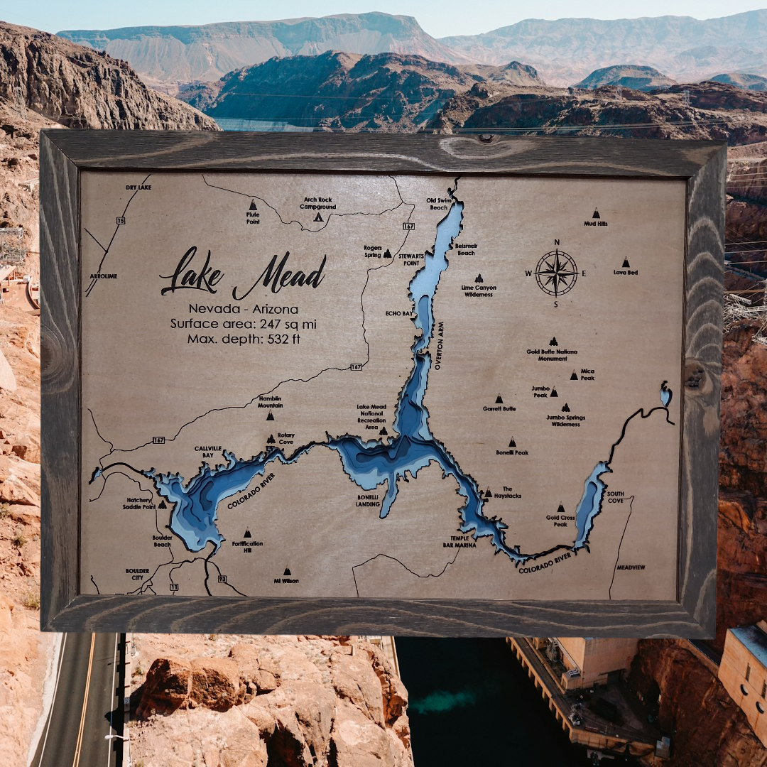 Lake Mead layered bathymetric wood map — Natural Baltic Birch, Barnwood (Rustic Grey), Hoover Dam scenic background (digital product mockup)