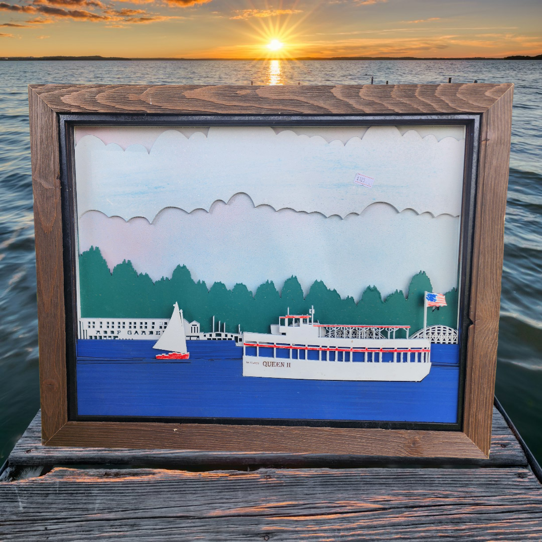 3D Laser Cut Arnold's Park & Queen II Diorama | Baltic Birch Wood Art | West Lake Okoboji- Large