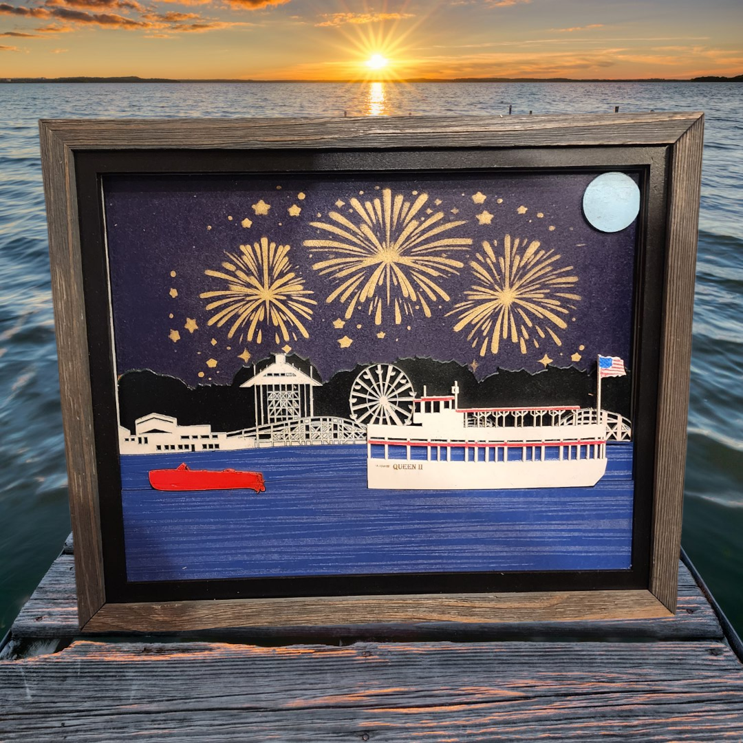 3D Laser Cut Arnold's Park & Queen II Night Scene Diorama | Baltic Birch Wood Art | West Lake Okoboji Fireworks- Small