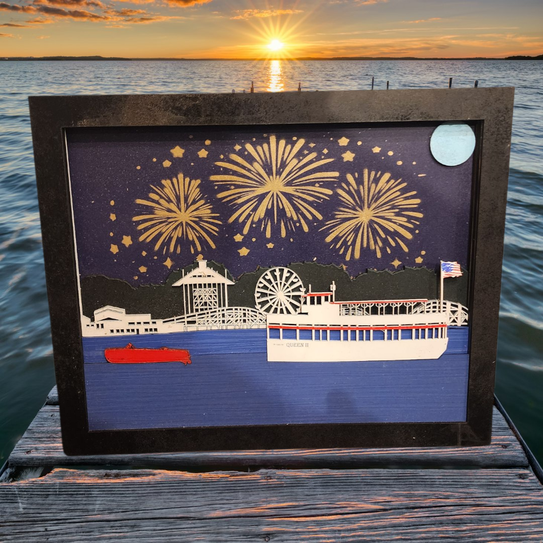 3D Laser Cut Arnold's Park & Queen II Night Scene Diorama | Baltic Birch Wood Art | West Lake Okoboji Fireworks- Small (unframed)
