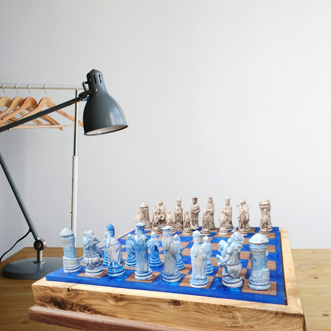 Backlit Black Walnut & Deep Blue Epoxy Chess Board w/ Ash Case – Medieval Set
