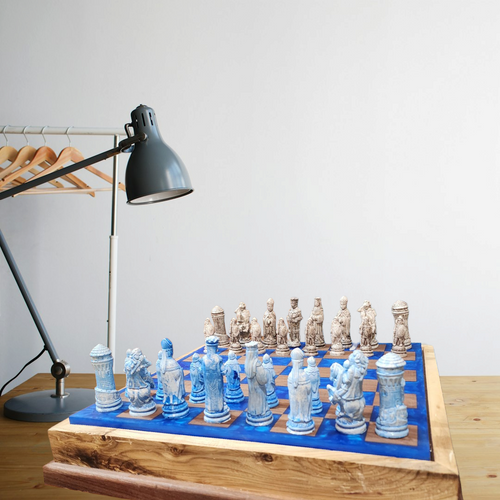 Backlit Black Walnut & Deep Blue Epoxy Chess Board w/ Ash Case – Medieval Set