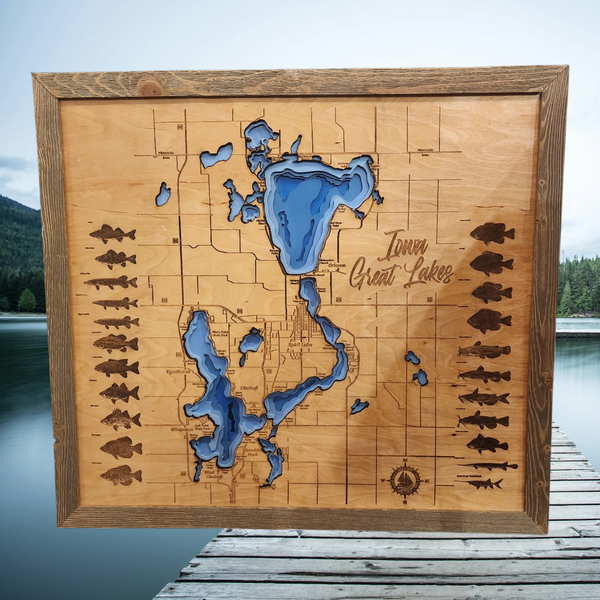 Okoboji Iowa Great Lakes Contour Bathymetric Map Complete With All Sporting Fish- Large
