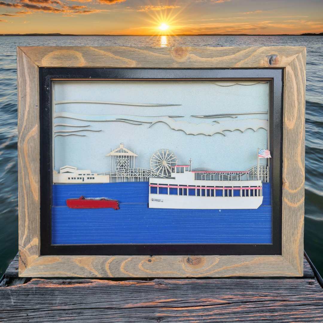 3D Laser Cut Arnold's Park & Queen II Diorama | Baltic Birch Wood Art | West Lake Okoboji- Large