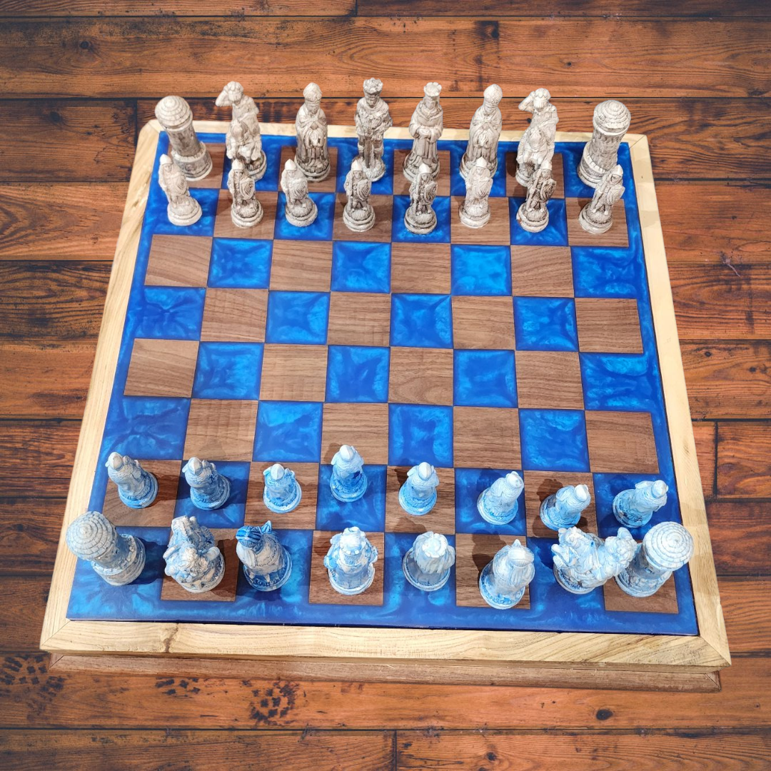 Backlit Black Walnut & Deep Blue Epoxy Chess Board w/ Ash Case – Medieval Set