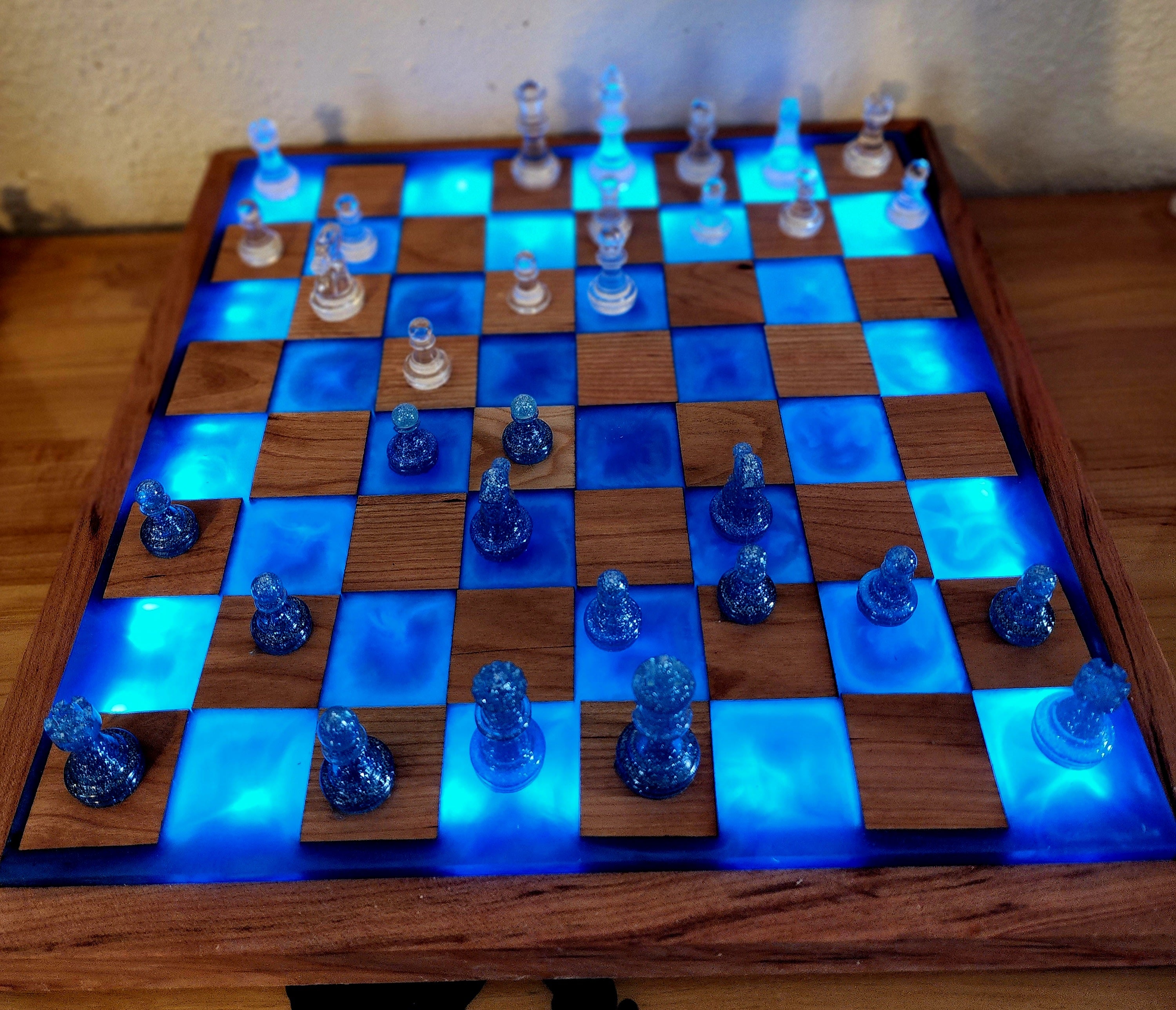Backlit Cherry and Blue Epoxy Chess Board