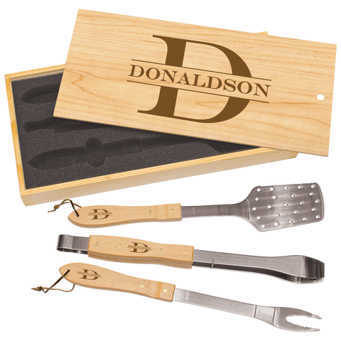3-Piece BBQ Set in Wooden Pine Box
